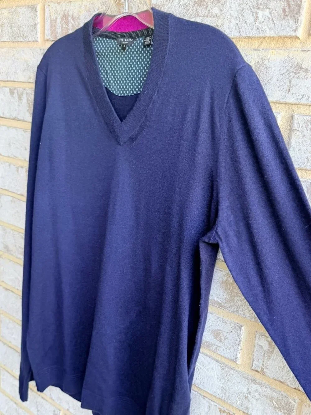 Ted Baker Navy Blue Long Sleeve V-Neck Wool Blend Pullover Sweater Size 4 (L)